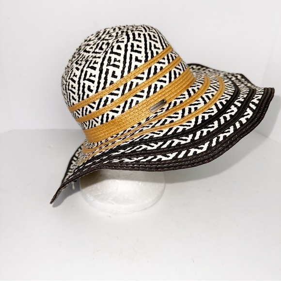 Steve Madden Sun Floppy Hat White Black Paper Straw Khaki One Size Wide brim - Picture 3 of 8